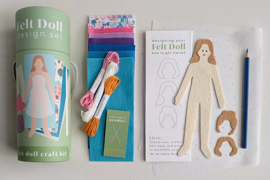 Terrace design set, create your own felt doll with this modern paper doll craft set.et with materials and instructions on a light gray background